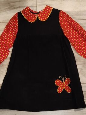 Vintage Cinderella Black Corduroy Dress with Red and Yellow Floral Trim